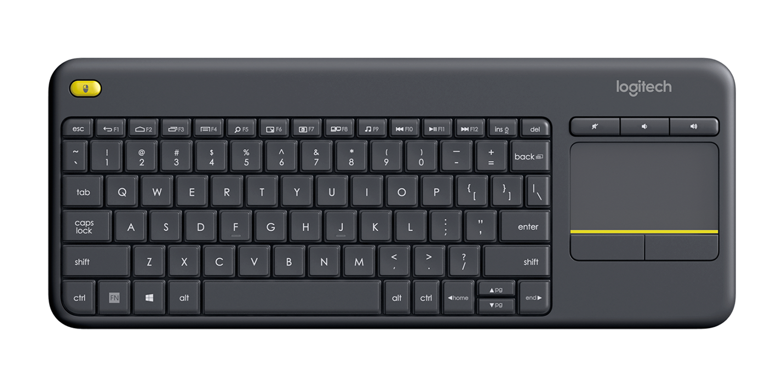 Logitech Wireless Touch Keyboard K400 Plus with integrated touchpad, in black color.