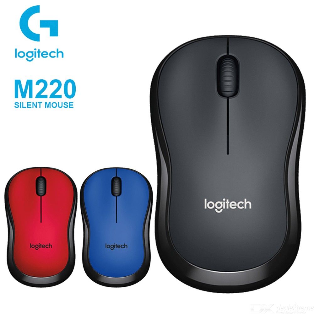 Three Logitech M220 Silent Wireless Mouse top view red, blue, charcoal colour