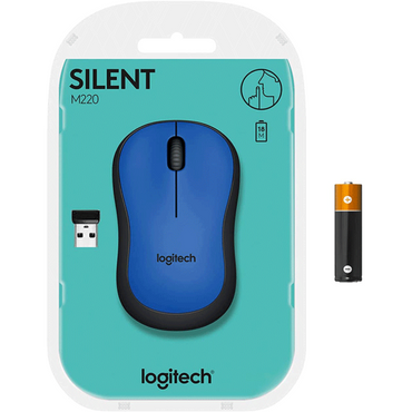 Packaging of Logitech M220 Wireless Mouse with Silent Clicks, displaying the mouse in blue color alongside a USB receiver and a battery.