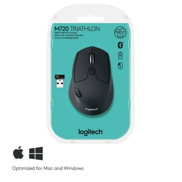 Packaging of the Logitech M720 Triathlon wireless mouse showing the mouse itself in the center, along with a USB unifying receiver and a battery. The packaging is optimized for Mac and Windows platforms.