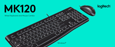Logitech MK120 wired keyboard and mouse combo top view in a blue background