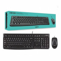 Logitech MK120 USB Wired Keyboard and Mouse Combo, black color, packaging and the products are displayed.