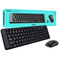 Logitech MK220 Wireless Keyboard and Mouse Combo, black color, packaging and the actual keyboard and mouse are displayed.