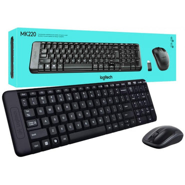 Logitech MK220 Wireless Keyboard and Mouse Combo, black color, packaging and the actual keyboard and mouse are displayed.