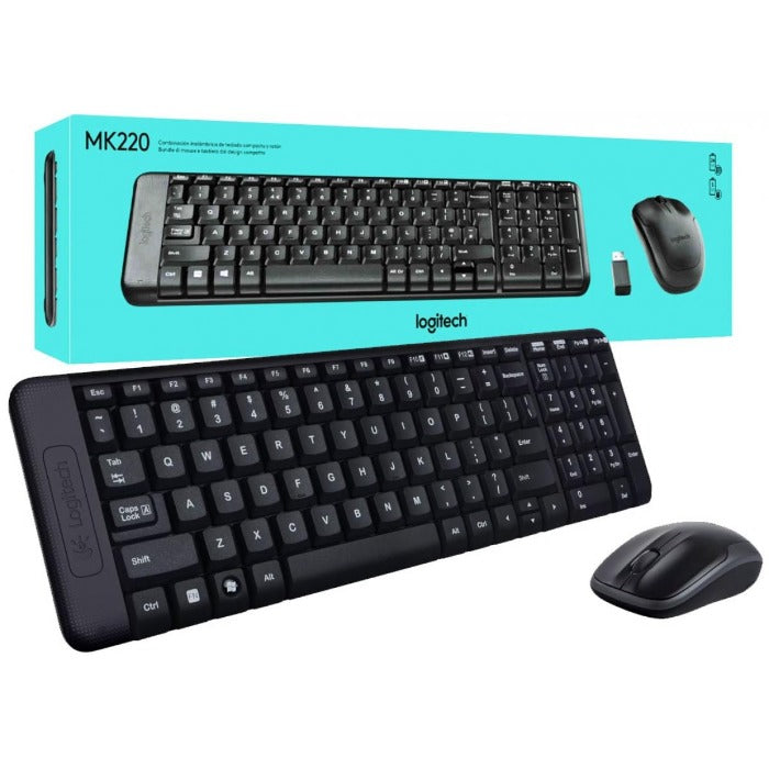 Logitech MK220 Wireless Keyboard and Mouse Combo, black color, packaging and the actual keyboard and mouse are displayed.