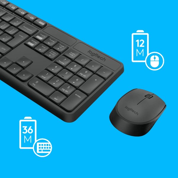 Top view of Logitech MK235 full-size wireless keyboard with numeric keypad and Logitech MK235 optical mouse with ergonomic design