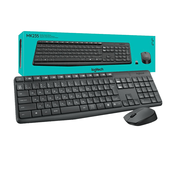 Logitech MK235 Wireless Keyboard and Mouse Combo in black, displayed alongside its packaging.