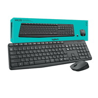 Logitech MK235 Wireless Keyboard and Mouse Combo in black, displayed alongside its packaging.