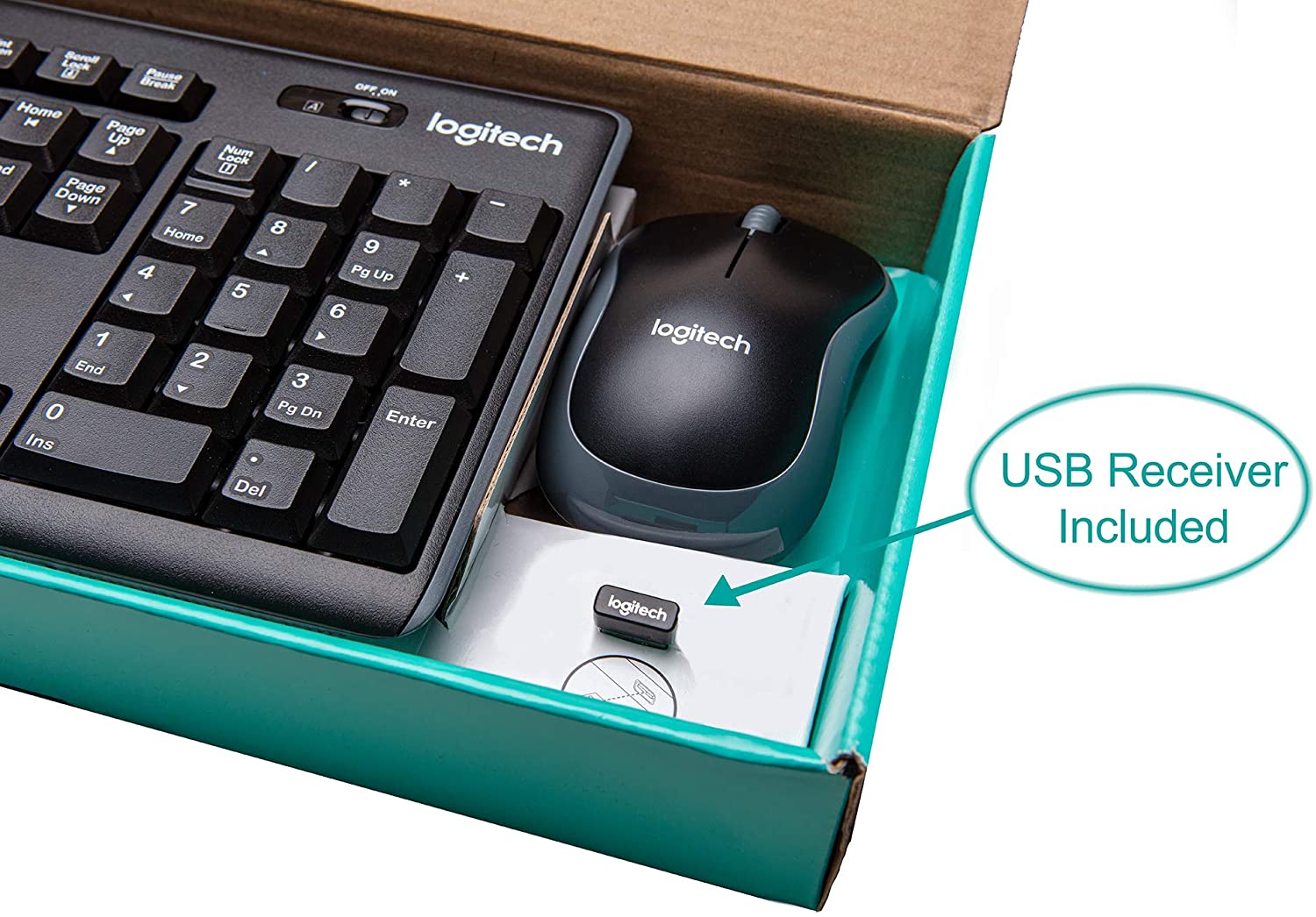 Logitech MK270 full-size keyboard close-up with numeric keypad with a USB Receiver Included