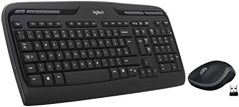 Logitech MK330 Wireless Keyboard and Mouse Combo, black color, showing the full-sized keyboard and the compact mouse with the tiny Unifying receiver.