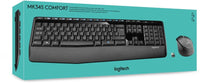 Packaging box of Logitech MK345 Wireless Keyboard and Mouse Combo displaying the keyboard and mouse with a 'Comfort' label.