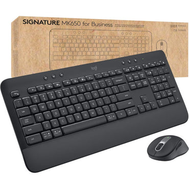 Logitech Signature MK650 Keyboard and Mouse Combo packaging with a black keyboard and mouse displayed in front of the box.