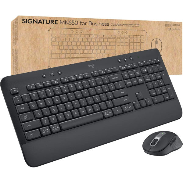Logitech Signature MK650 Keyboard and Mouse Combo packaging with a black keyboard and mouse displayed in front of the box.