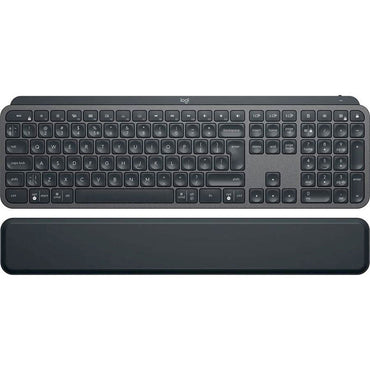 Logitech MX Keys Plus Advanced Bluetooth Illuminated Keyboard with palm rest in black color.