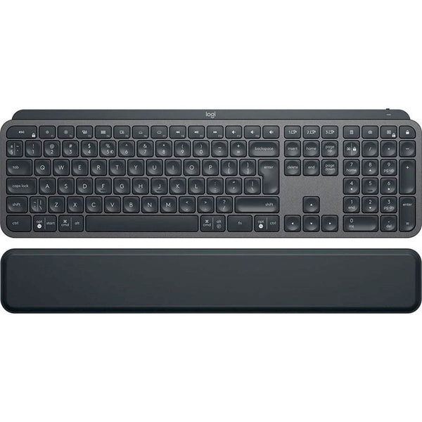 Logitech MX Keys Plus Advanced Bluetooth Illuminated Keyboard with palm rest in black color.