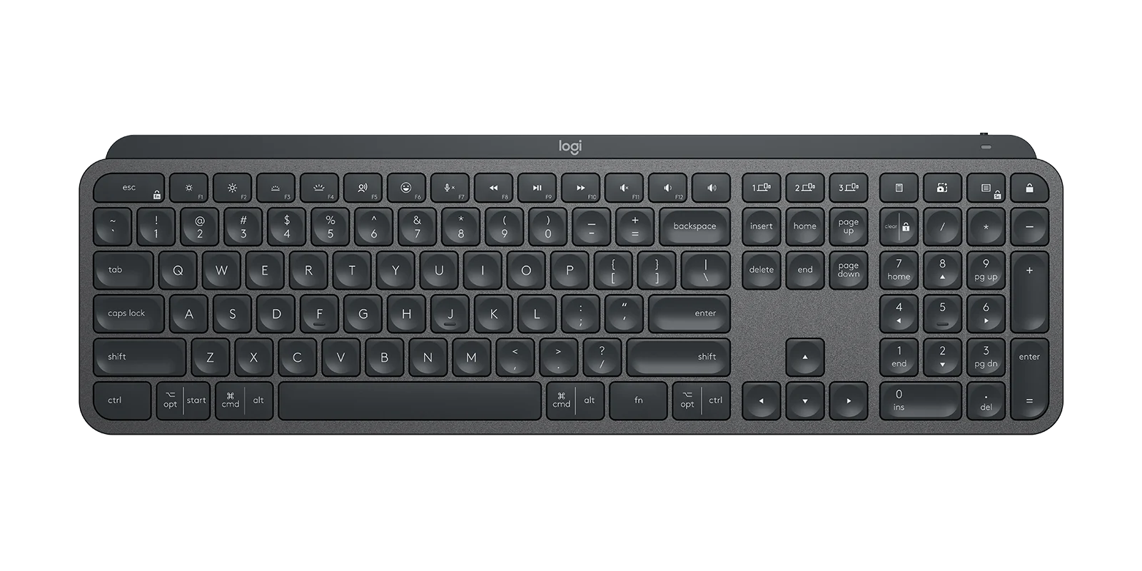 Close-up of MX Keys S illuminated keys full view