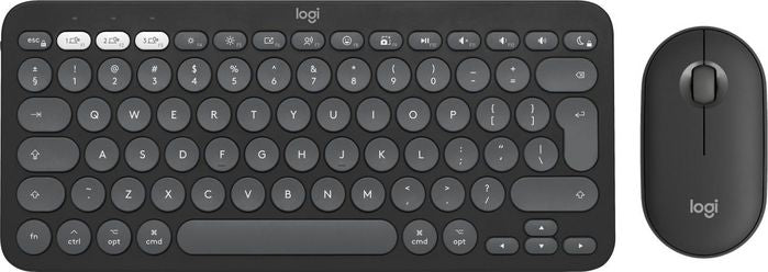 Logitech Pebble 2 Wireless Keyboard and Mouse Combo in black color, showing the keyboard with keys visible and the mouse with a scroll wheel.