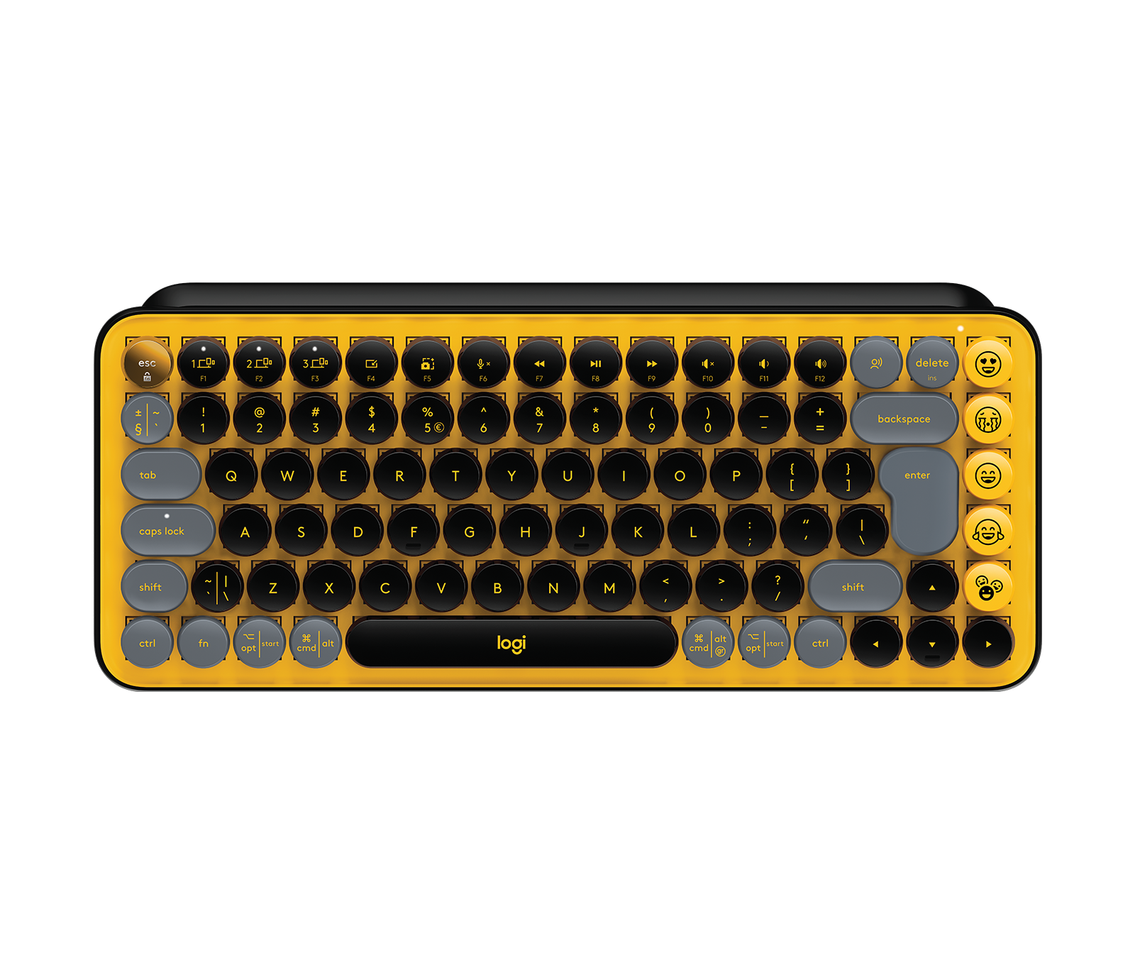 POP Keys close-up showing swappable emoji keycaps and emoji menu key