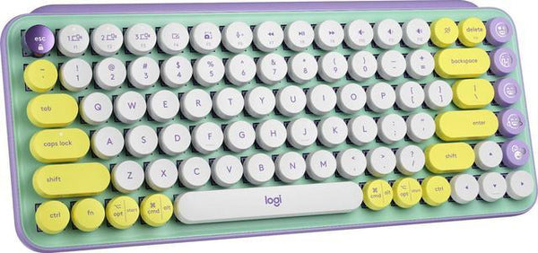 A wireless mechanical keyboard with a vintage aesthetic, featuring white keys with yellow, purple, and green accent keys, and the Logitech brand logo visible.
