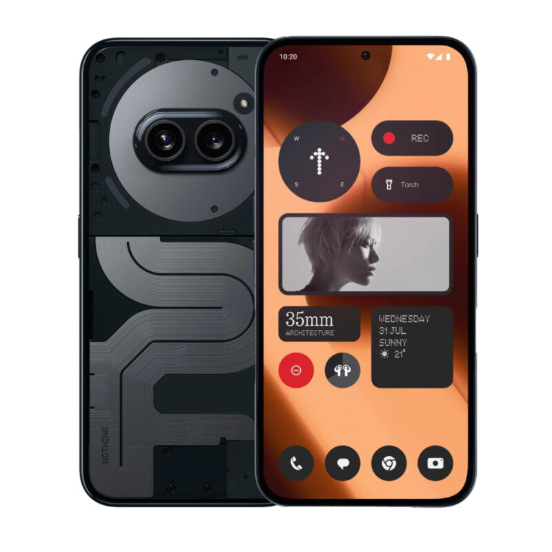 The image shows a Nothing Phone (2a) with a dual-camera system on the back, in a black color. The front displays the phone's interface with multiple apps.