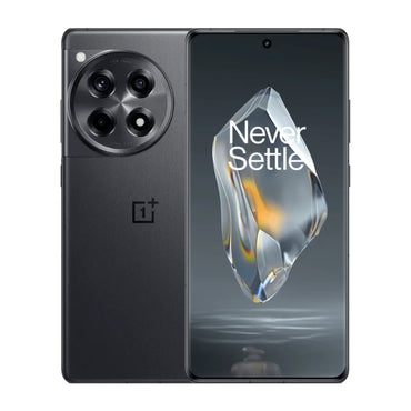 OnePlus 12R smartphone showing the rear camera setup and the 'Never Settle' logo on the screen, in a black color.