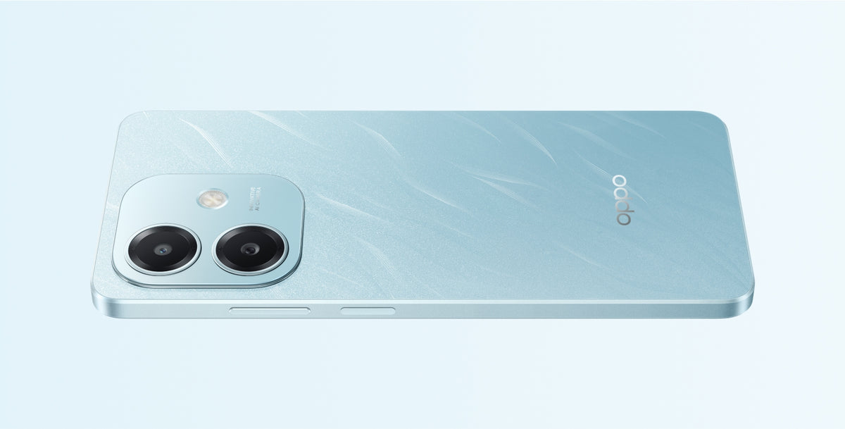 OPPO A3x back in Ocean Blue with the dual camera island lying flat
