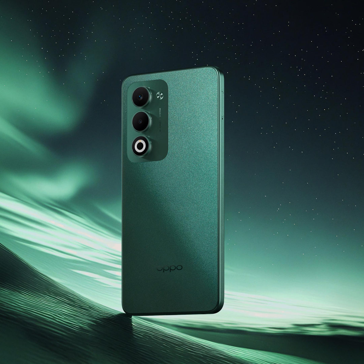 OPPO A5 back in Aurora Green with the vertical dual camera module