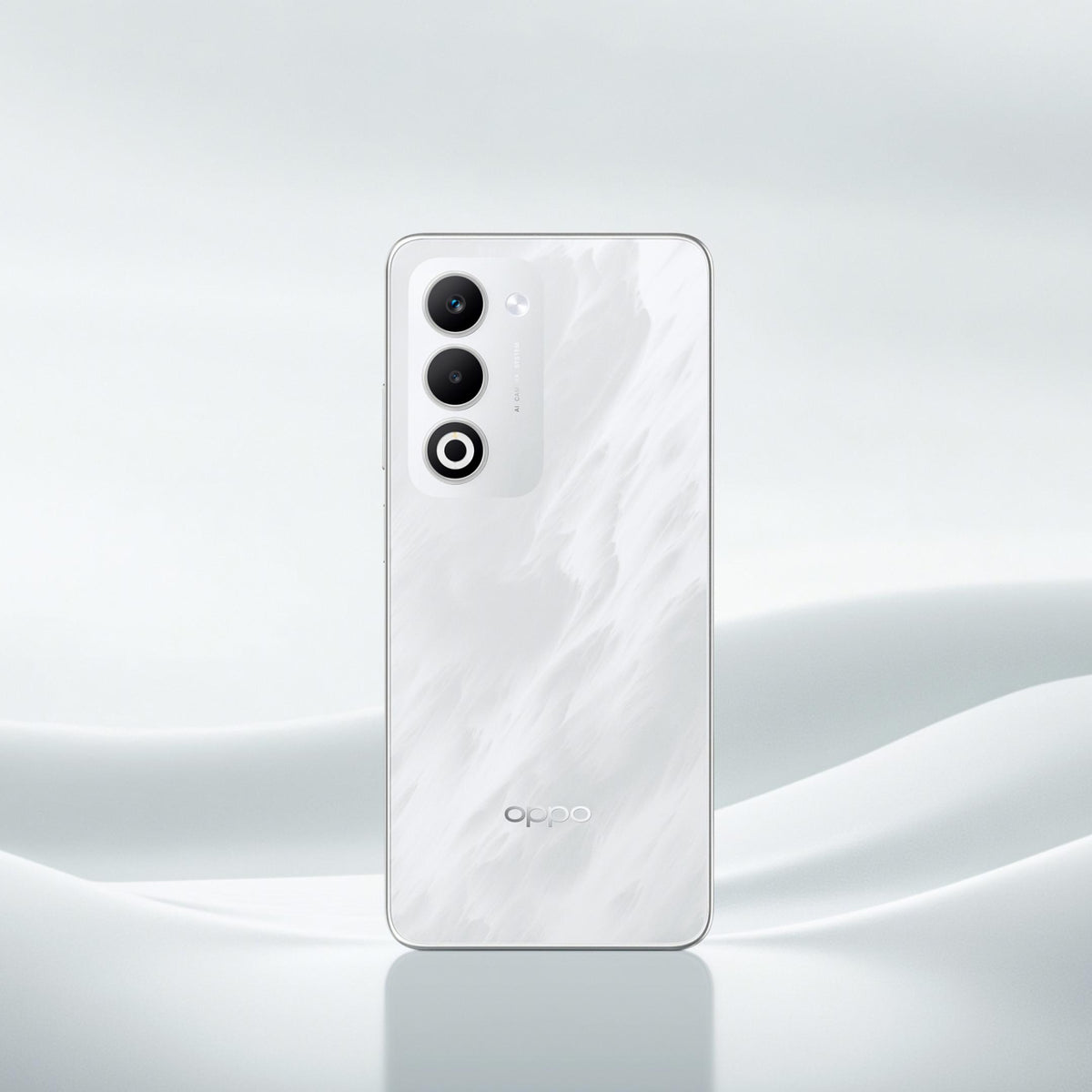 OPPO A5 back in Mist White with the 50MP camera island and OPPO logo