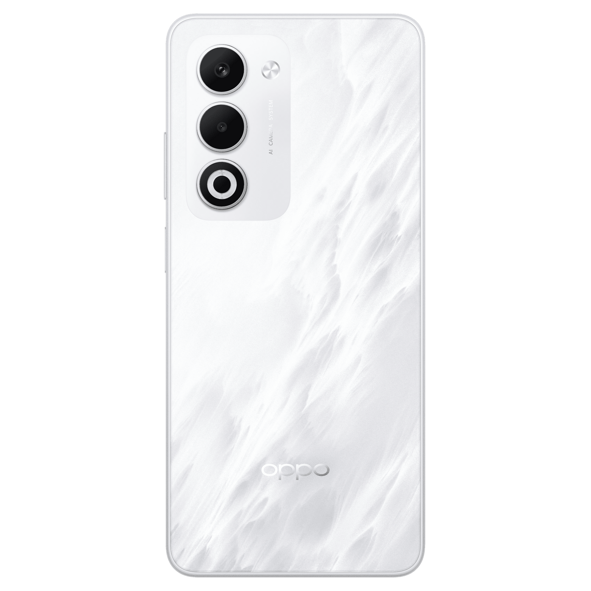 OPPO A5 Mist White close-up of the marble back and 50MP camera island