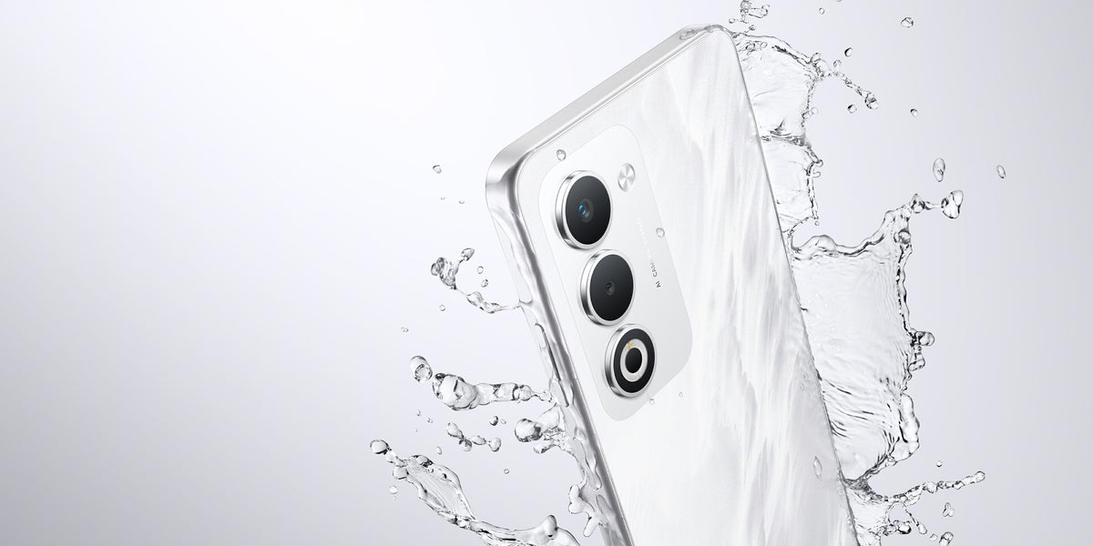 OPPO A5 in Mist White with water splash around the IP65-rated body