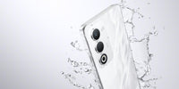 OPPO A5 in Mist White with water splash around the IP65-rated body