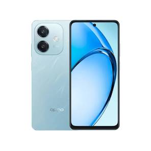 Small OPPO A5 Pro product shot in a light blue colour, back and front