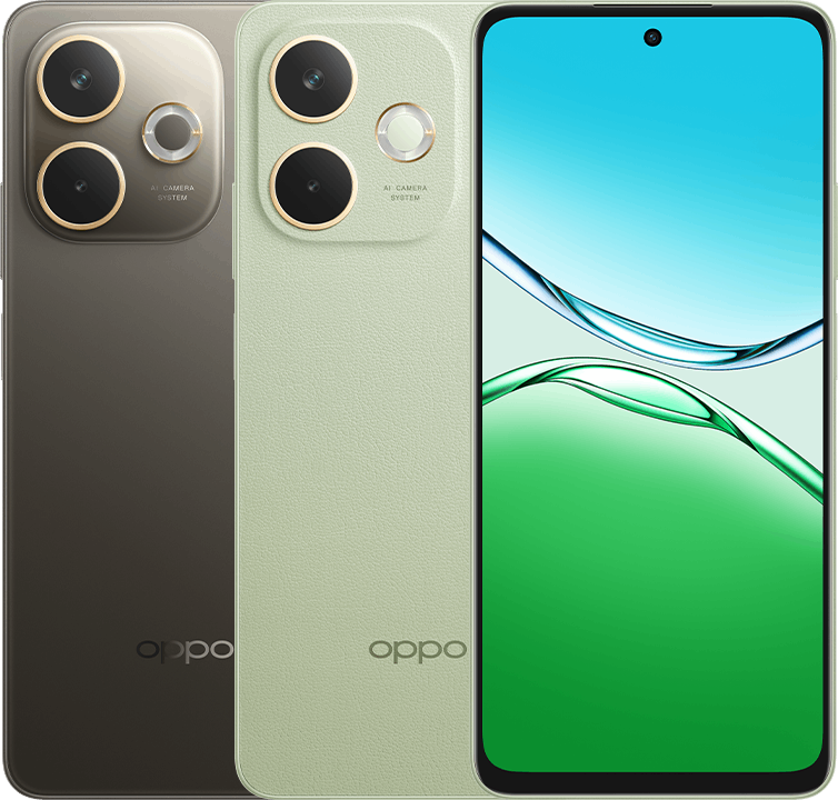 OPPO A5 Pro Mocha Brown back, Olive Green back, and the front screen with a green wave wallpaper