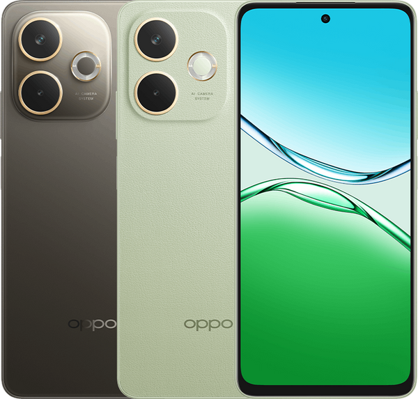 OPPO A5 Pro Mocha Brown back, Olive Green back, and the front screen with a green wave wallpaper