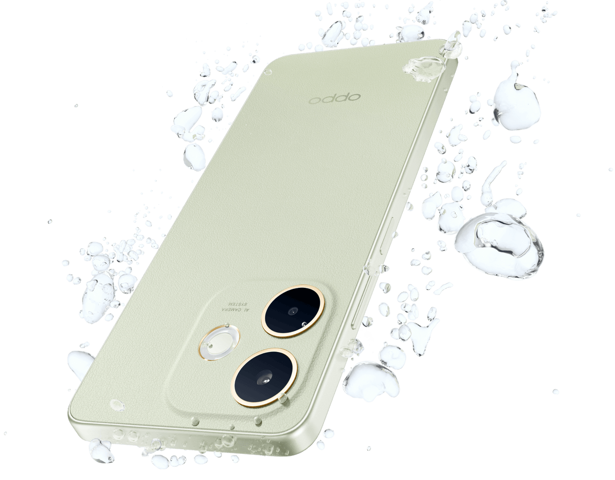 OPPO A5 Pro in Olive Green, angled back with water droplets on the IP69-rated body