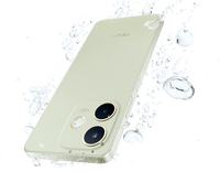 OPPO A5 Pro in Olive Green, angled back with water droplets on the IP69-rated body