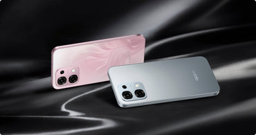 OPPO A6 Pro backs in Coral Pink and Stellar Blue on black silk