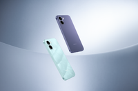OPPO A6x Ice Blue and Plum Purple backs floating side by side