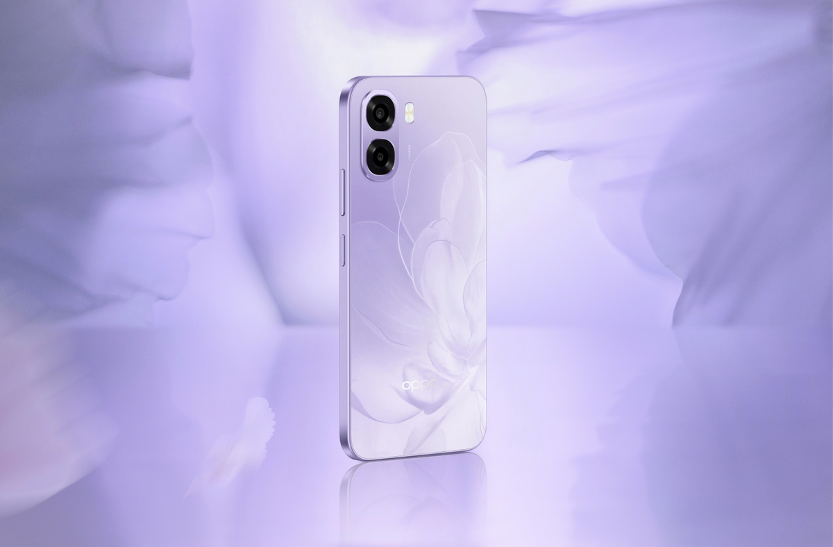 OPPO A6x back in Plum Purple with the flower-pattern glass