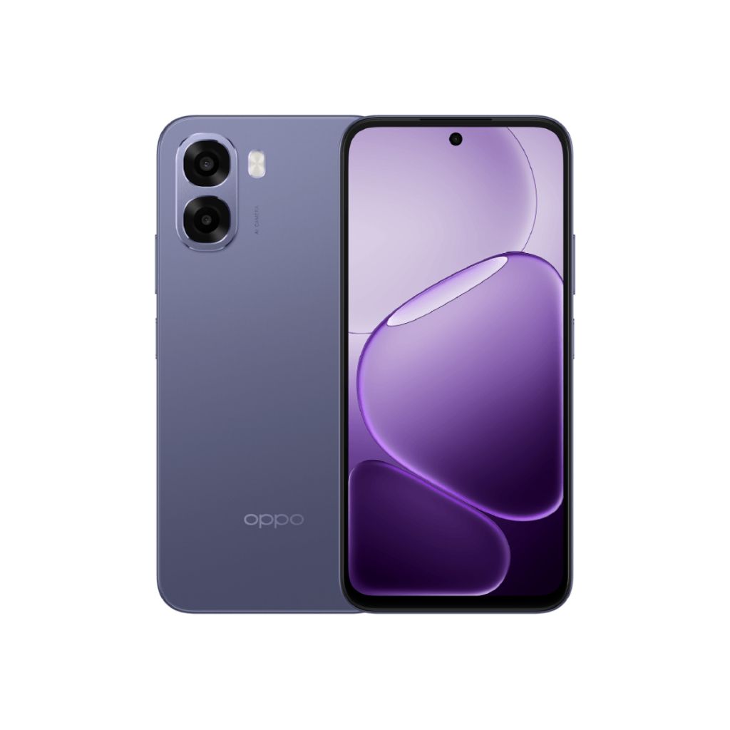 OPPO A6x in Plum Purple, back and front, with the dual camera on the upper left