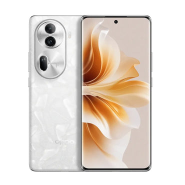 Oppo Reno 11 smartphone in white color showing the front display and rear camera setup.