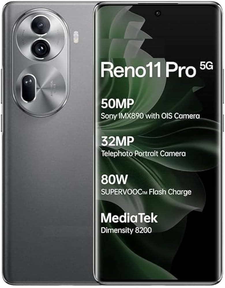 An Oppo Reno 11 Pro smartphone showing the front and back view with key specifications like 50MP camera, 32MP selfie camera, and 80W flash charge.