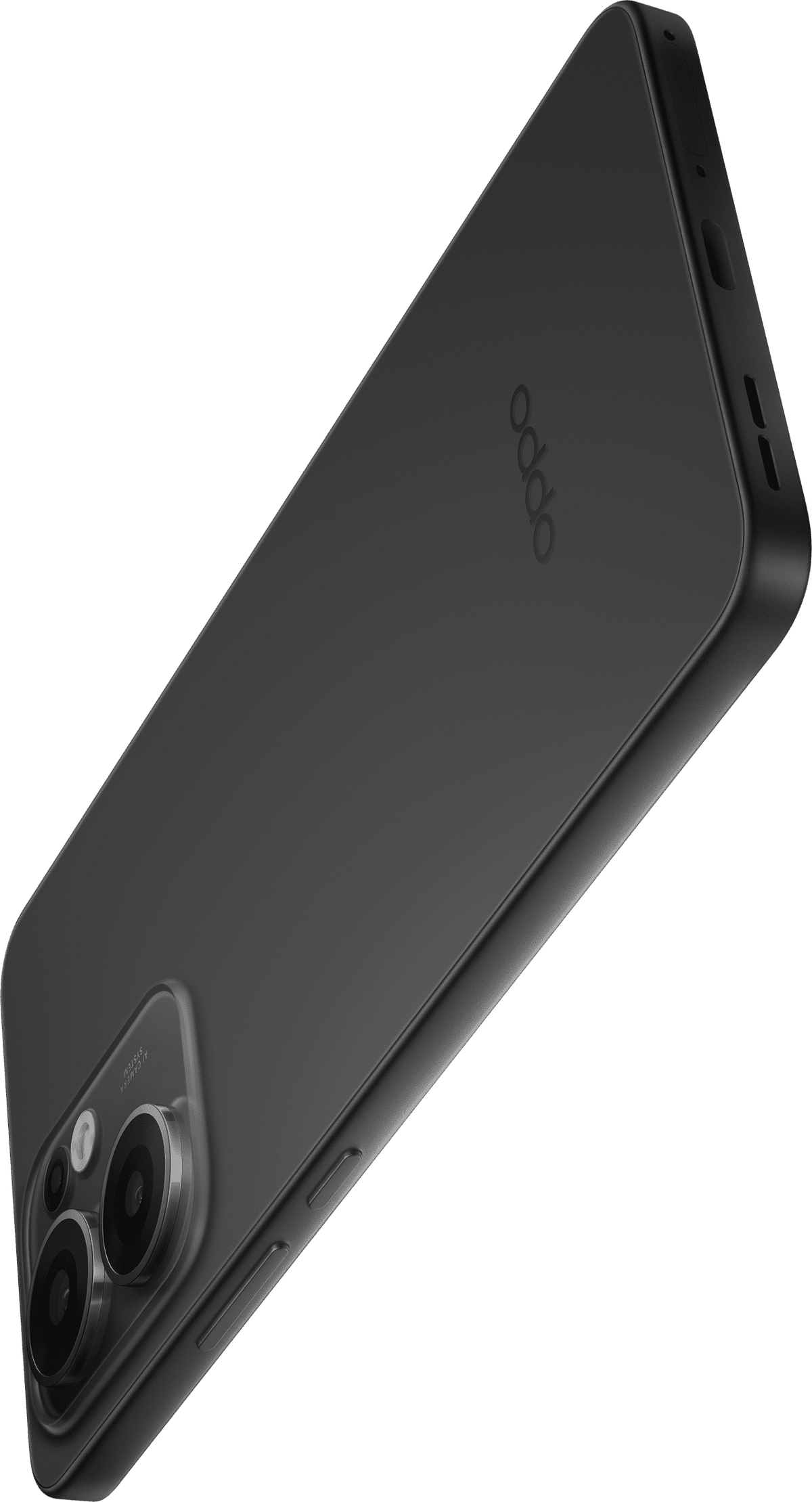 OPPO Reno 13F 4G back in Graphite Grey at an angle, showing the triple camera