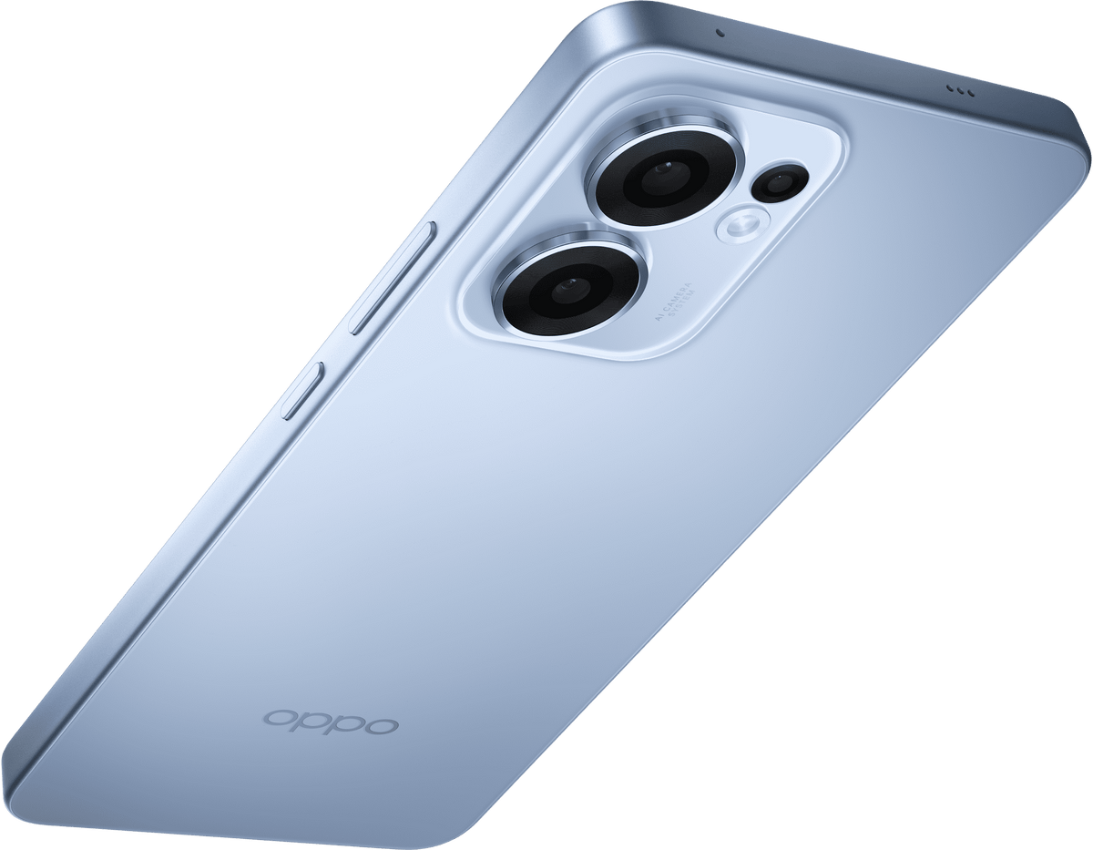 OPPO Reno 13F 4G back in Skyline Blue at an angle with the 50MP camera island