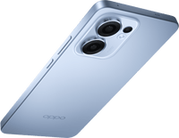 OPPO Reno 13F 4G back in Skyline Blue at an angle with the 50MP camera island