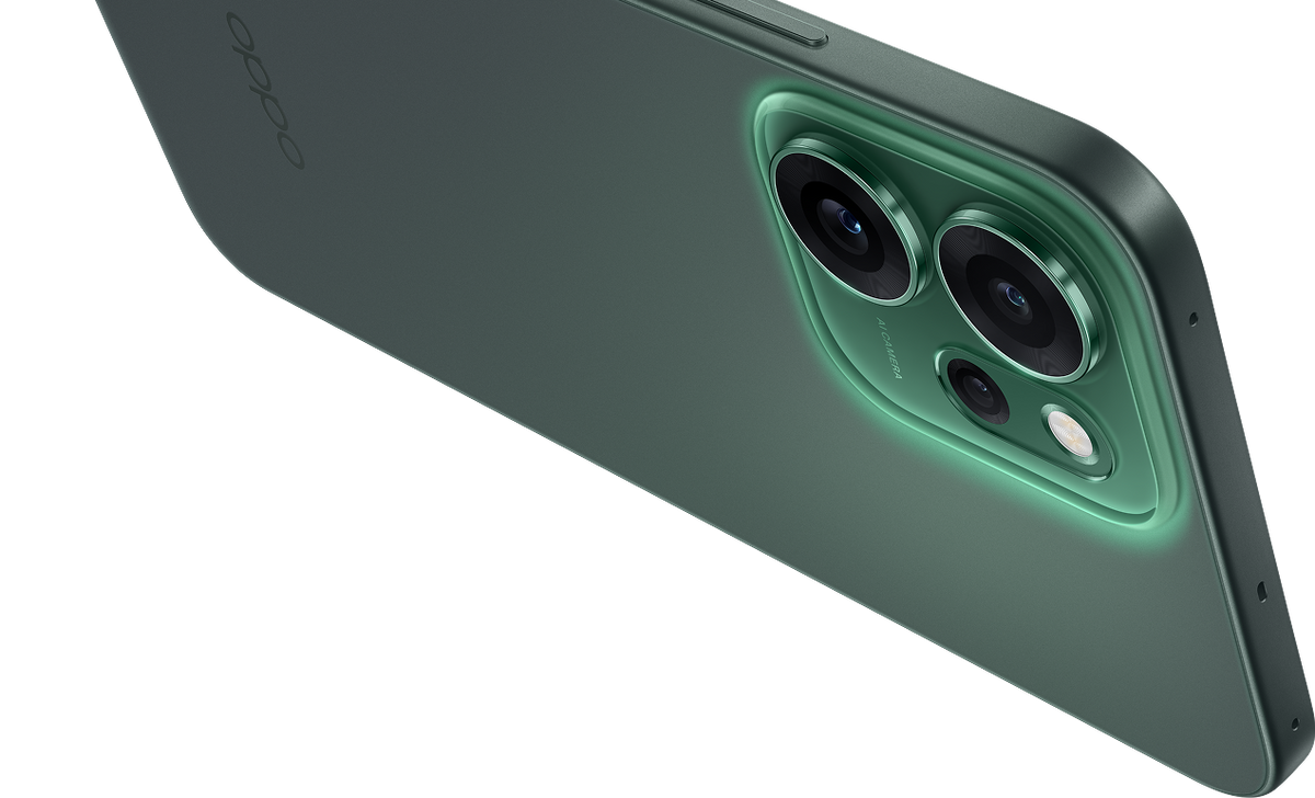 OPPO Reno 14F 5G camera close-up in Luminous Green with the glowing island