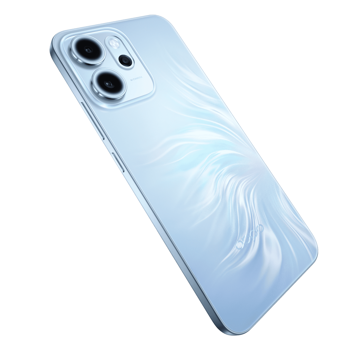 OPPO Reno 14F 5G in Opal Blue at an angle, showing the 50MP camera island