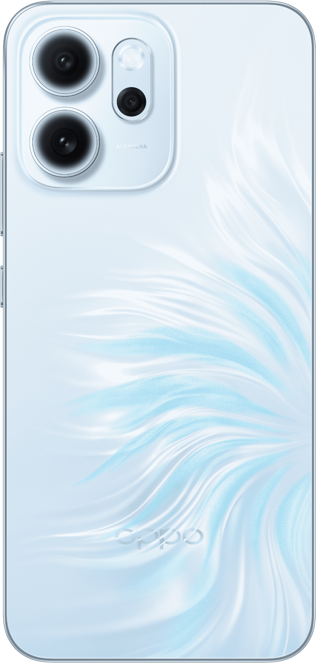 OPPO Reno 14F 5G back in Opal Blue with the iridescent swirl and triple camera
