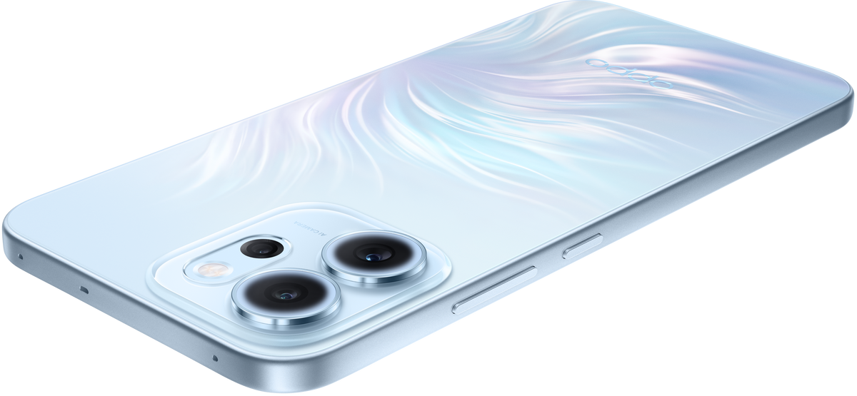 OPPO Reno 14F 5G in Opal Blue lying flat, side and camera island view