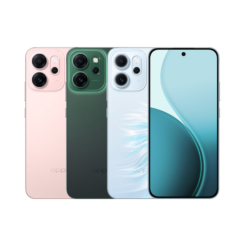 OPPO Reno 14F 5G backs in pink, Luminous Green and Opal Blue plus the front screen; Kenya lists green and blue, not pink